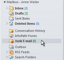 Junk E-mail folder selected in the Navigation Pane