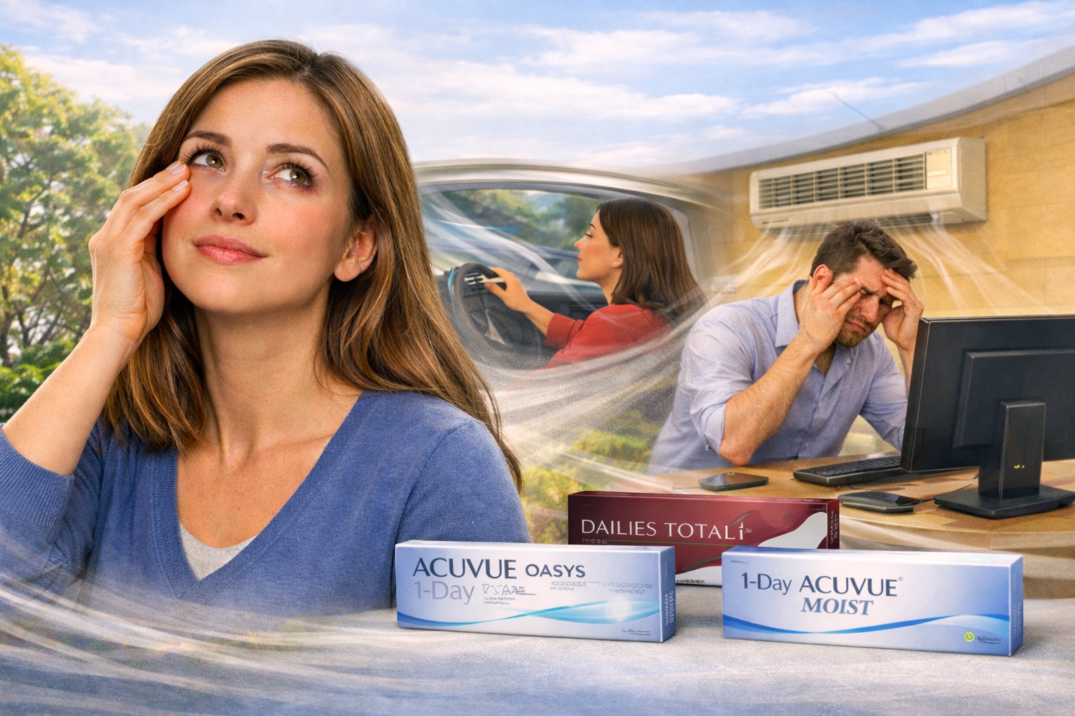Wide hero image showing three realistic scenes of dry-eye discomfort: a woman rubbing her eye in the foreground, a woman in a car adjusting the AC vent, and a man at a desk massaging his temples near an air conditioner. Three daily contact lens boxes appear at the bottom right: ACUVUE OASYS 1-Day, DAILIES TOTAL1, and 1-Day ACUVUE MOIST.