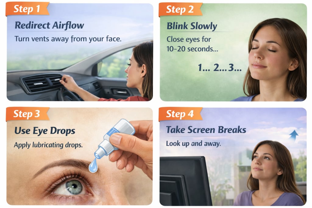 Four-panel infographic showing steps to relieve dry eyes: redirect airflow, blink slowly, use lubricating drops, and take screen breaks.