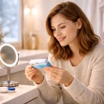 A woman in a beige sweater reviews a contact lens box at a bathroom vanity with a mirror, contact lens case, and solution nearby.