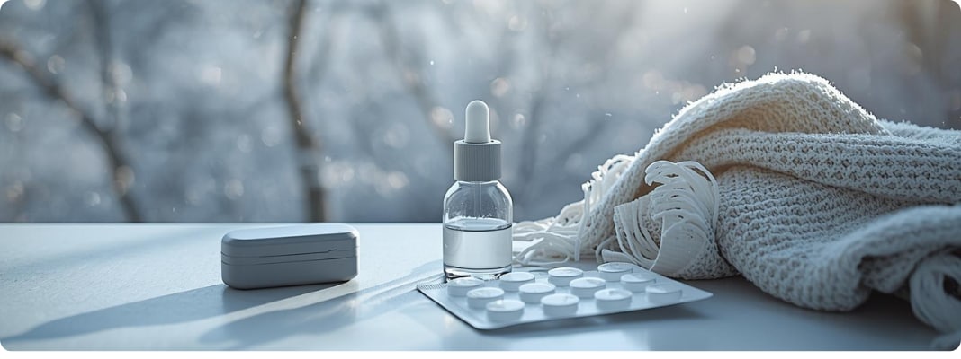Best contacts for winter dry eye with rewetting drops and contact lens case on a table near a winter window.