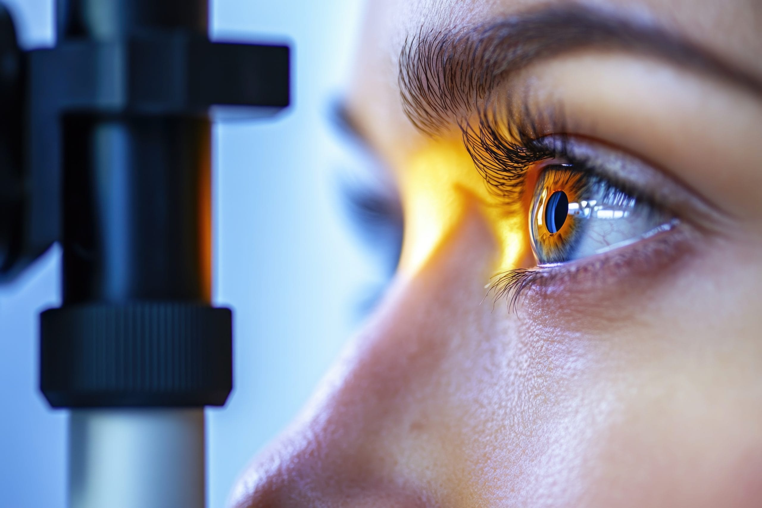 Close-up side view of a person’s eye during an eye exam, illuminated by a slit-lamp microscope.