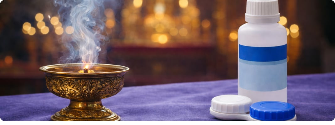 Incense smoke rising from a brass burner beside contact lens rewetting drops and a lens case on a purple cloth in a church setting.