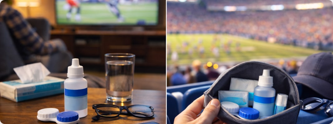 Super Bowl Contact Lens Comfort and Safety essentials for On Screen and Stadium viewing, showing rewetting drops, lens case, tissues, water, and a travel pouch in a split home-and-stadium scene.