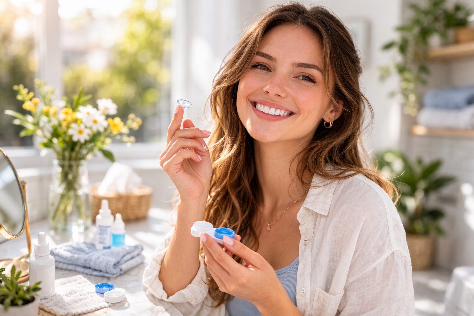 Woman holding a contact lens and case while spring cleaning her contact lens routine at a sunny bathroom counter
