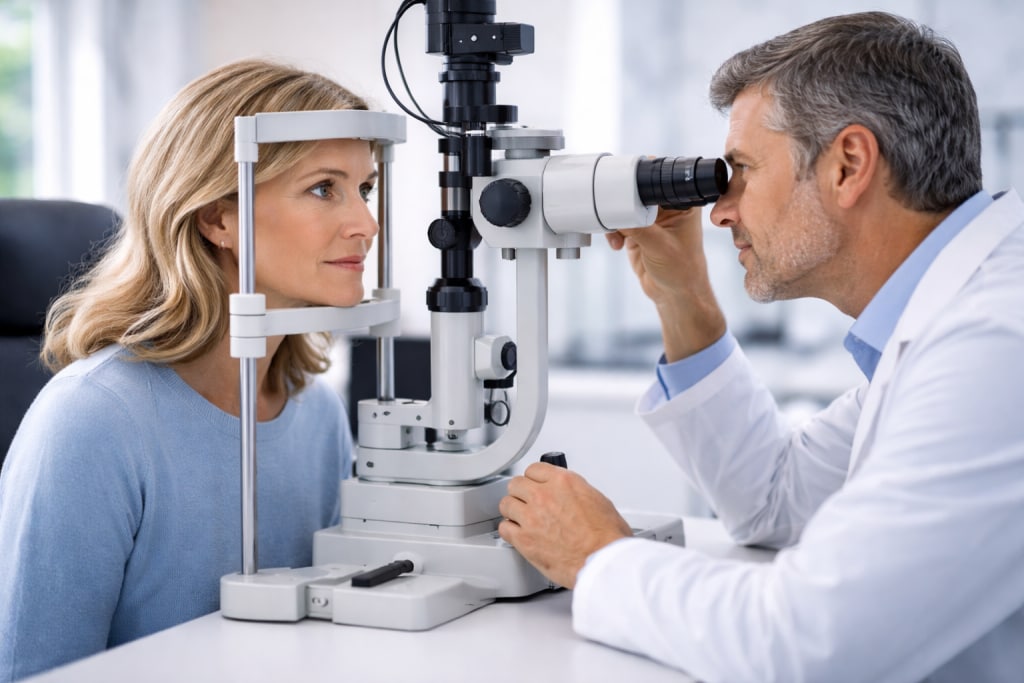 Patient receiving a routine eye exam from an optometrist using diagnostic equipment in a modern clinic.
