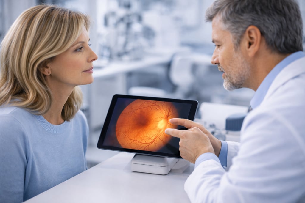 Optometrist explaining retinal scan results during an eye exam consultation with a patient in a modern eye clinic.