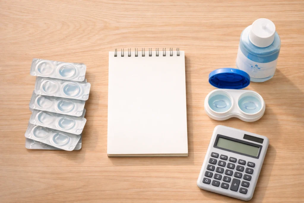 Flat lay of daily blister packs vs monthly case and solution with a notepad and calculator, for Daily vs Monthly Contacts for Spring Allergies.