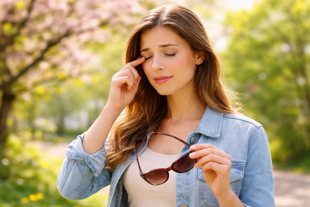 Woman outdoors near blooming trees touches the corner of her eye while holding sunglasses, comparing Daily vs Monthly Contacts for Spring Allergies.