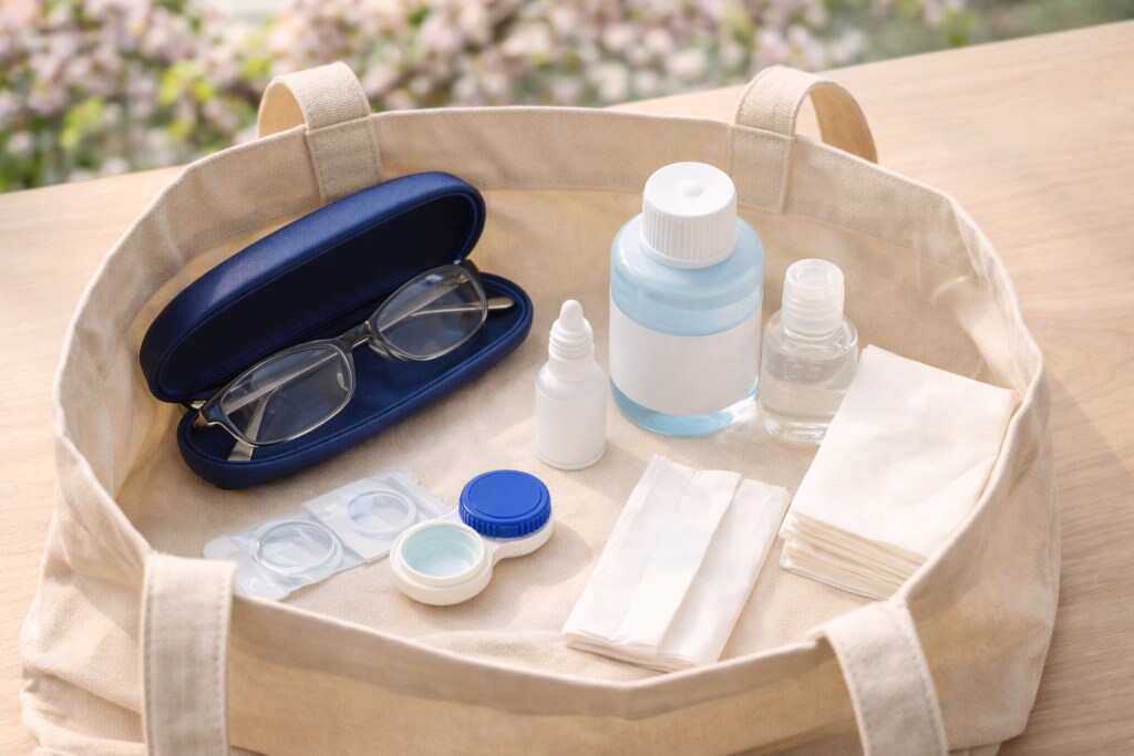 Open tote bag with glasses case, travel-size so