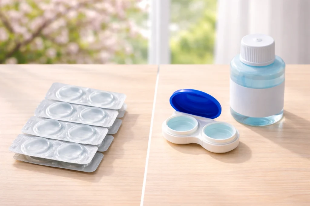 Split flat lay showing daily contact lens blister packs on one side and a monthly lens case with solution bottle on the other, illustrating Daily vs Monthly Contacts for Spring Allergies.