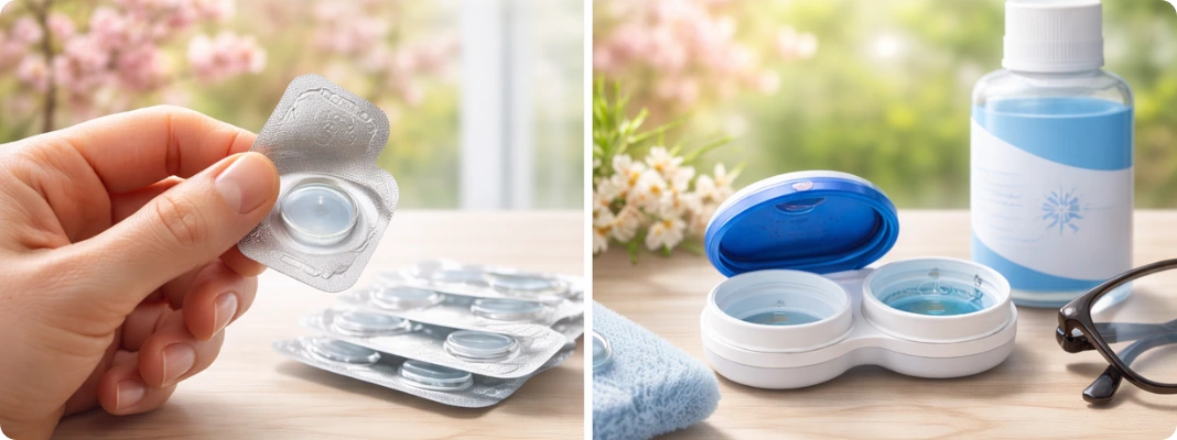 Split-view image comparing daily disposable lenses and a contact lens case with solution, illustrating Daily vs. Monthly Contact options during Spring allergies season.