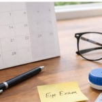 How often get an eye exam reminder with a calendar date circled, eyeglasses, contact lens case, and “Eye Exam” note on a wooden desk by a sunny window.