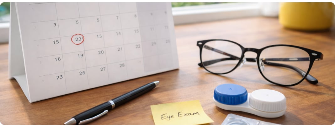 How often get an eye exam reminder with a calendar date circled, eyeglasses, contact lens case, and “Eye Exam” note on a wooden desk by a sunny window.