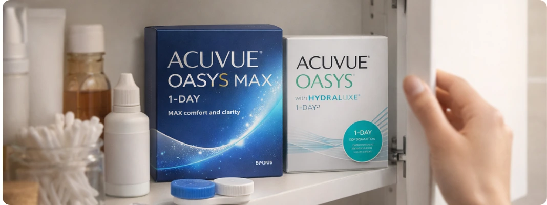 Hand opening a bathroom cabinet showing ACUVUE OASYS MAX and ACUVUE OASYS with HYDRALUXE daily contacts beside a lens case and eye drops.
