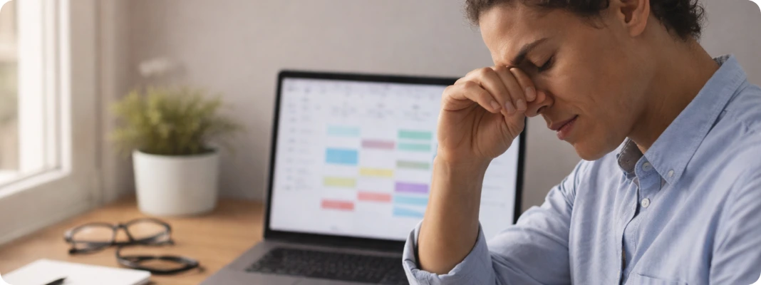 Person rubbing tired eyes after screen use with daily contact lens supplies and rewetting drops on a desk, showing contact lens for dry eyes comfort.