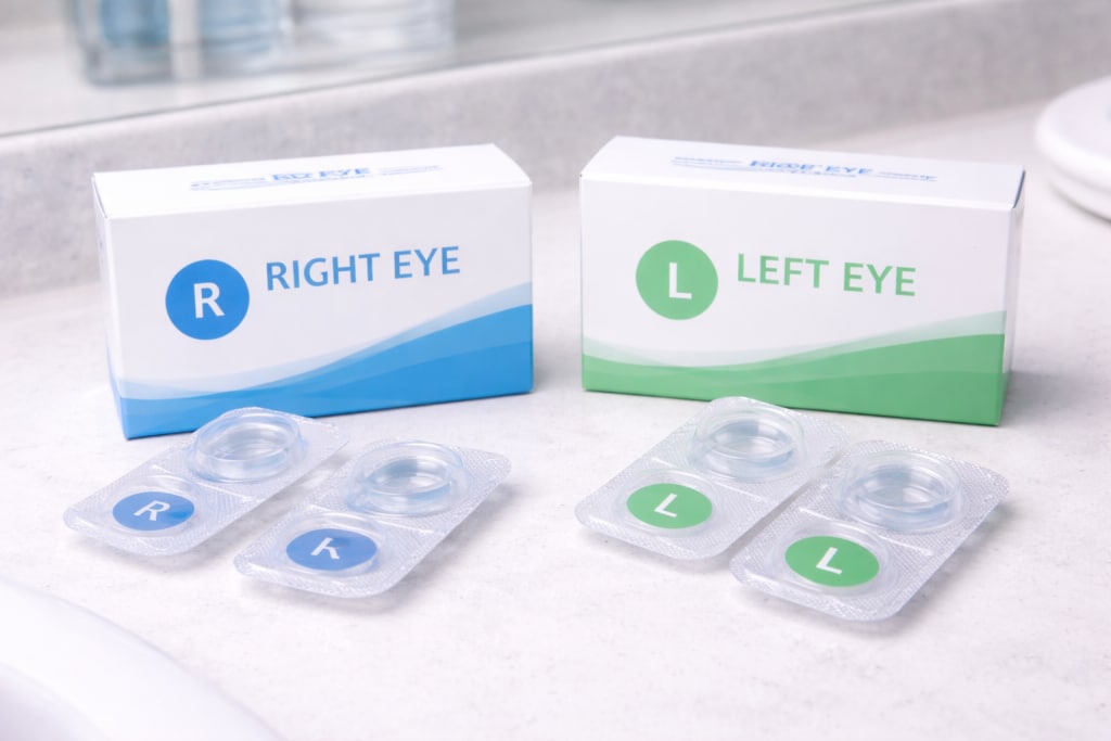 Right and left contact lens boxes with matching blister packs on a countertop, illustrating Contacts Blurry Causes and Fixes when lenses or boxes get mixed up.