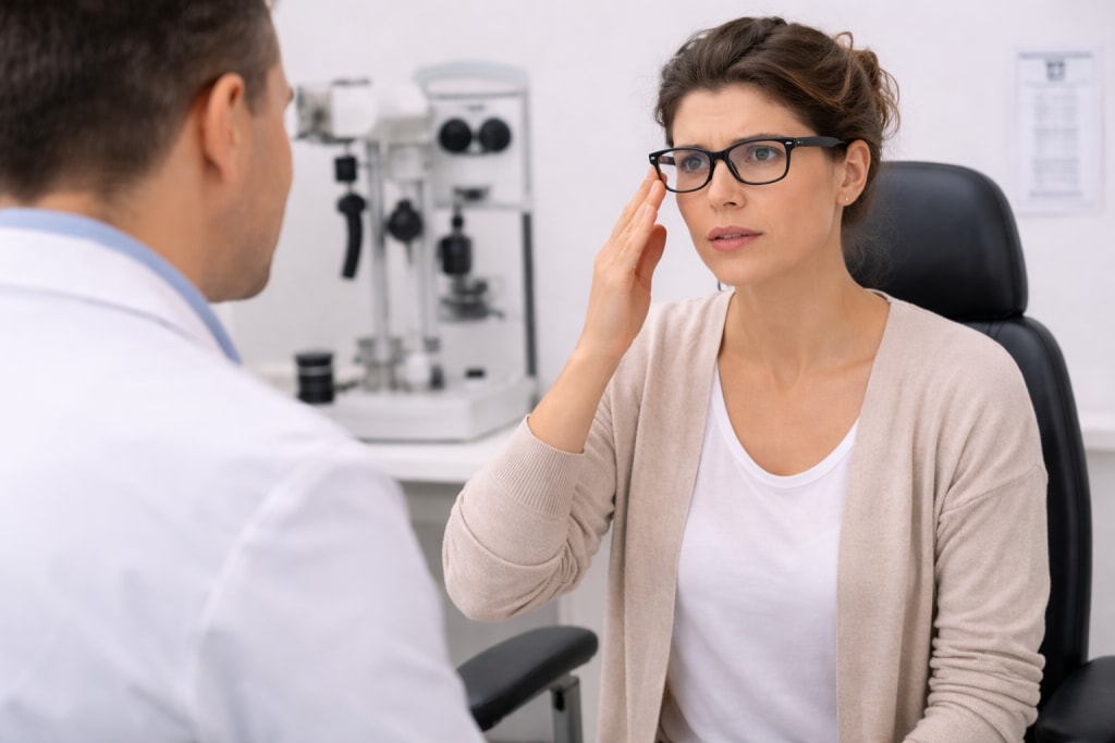 Woman in an eye clinic speaking with an eye doctor while wearing glasses, illustrating Contacts Blurry Causes and Fixes when an eye health issue may be causing blurry vision.