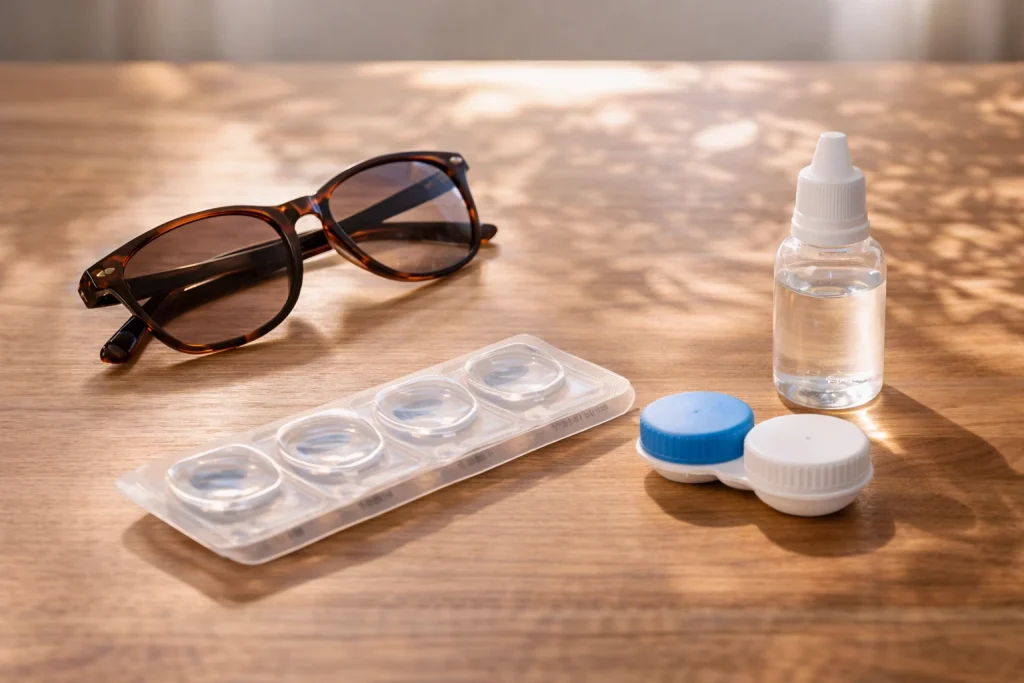Tabletop image of sunglasses, eye drops, a contact lens case, and blister packs, illustrating how UV-blocking contact lens wear should be paired with sunglasses for broader sun protection.