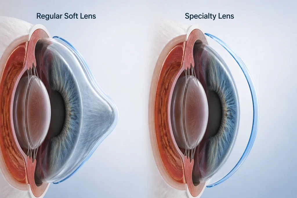 Side-by-side cornea diagram comparing a regular soft lens draping over a cone-shaped keratoconus cornea with a specialty lens creating a smoother optical surface.