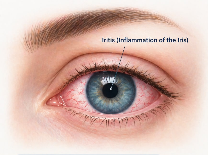 Medical-style illustration of a red, irritated eye with a label pointing to the iris to show iritis inflammation.