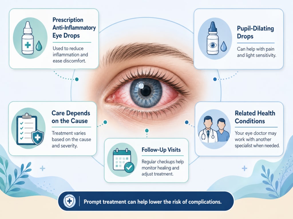 Infographic showing common iritis treatment steps, including prescription anti-inflammatory eye drops, pupil-dilating drops, follow-up visits, and care based on the cause and severity.