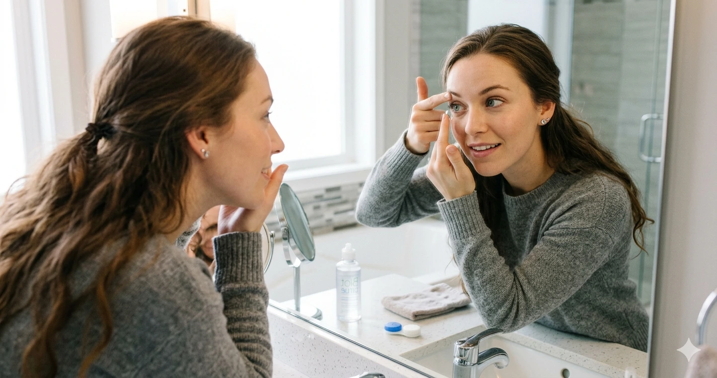 Woman Putting On Contact Lens For the First Time