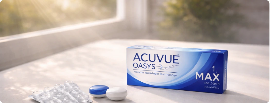 ACUVUE OASYS MAX contact lens box on a sunlit table by a window with visible sun rays, illustrating what are UV-blocking contact lenses.