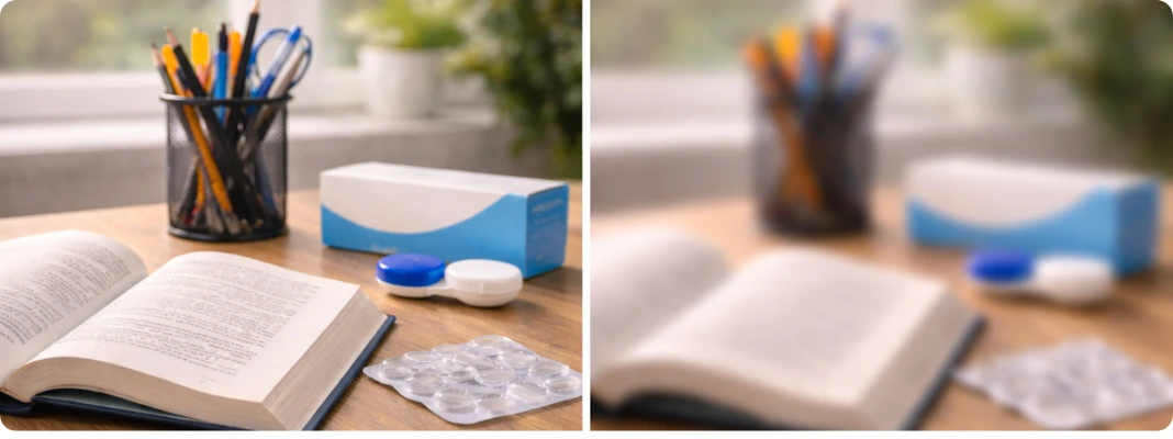 Split-view desk scene showing a clear view on the left and a blurred view on the right with a book, pens, and contact lens supplies, illustrating Why Are My Contacts Blurry