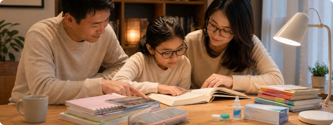 Parents helping a child study under a desk lamp in dim light, with books and school supplies on the table, highlighting child myopia concerns.
