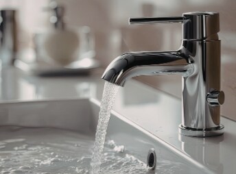 A running chrome faucet representing water and microplastic pollution