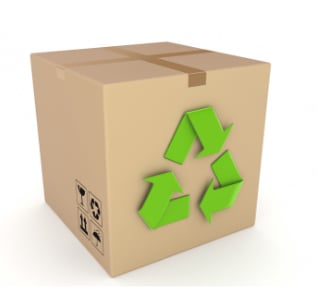 A cardboard box with a green recycling symbol