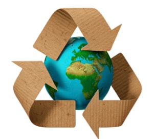 A cardboard recycling symbol surrounding a globe representing global environmental responsibility
