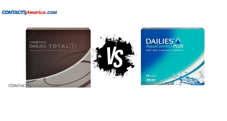Dailies Total 1 vs Dailies AquaComfort Plus contact lens boxes side by side with a bold VS graphic in the center
