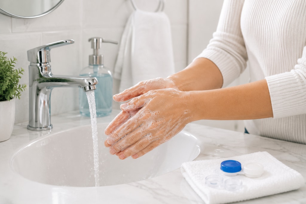Person washing soapy hands under a bathroom faucet beside a contact lens case and towel in a bright, clean bathroom setting.