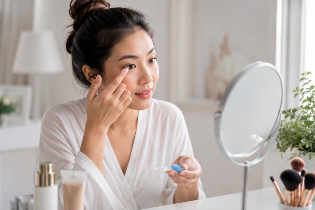 Woman inserting contact lenses at a vanity table before applying makeup, with skincare products and makeup brushes nearby in a bright bedroom setting.