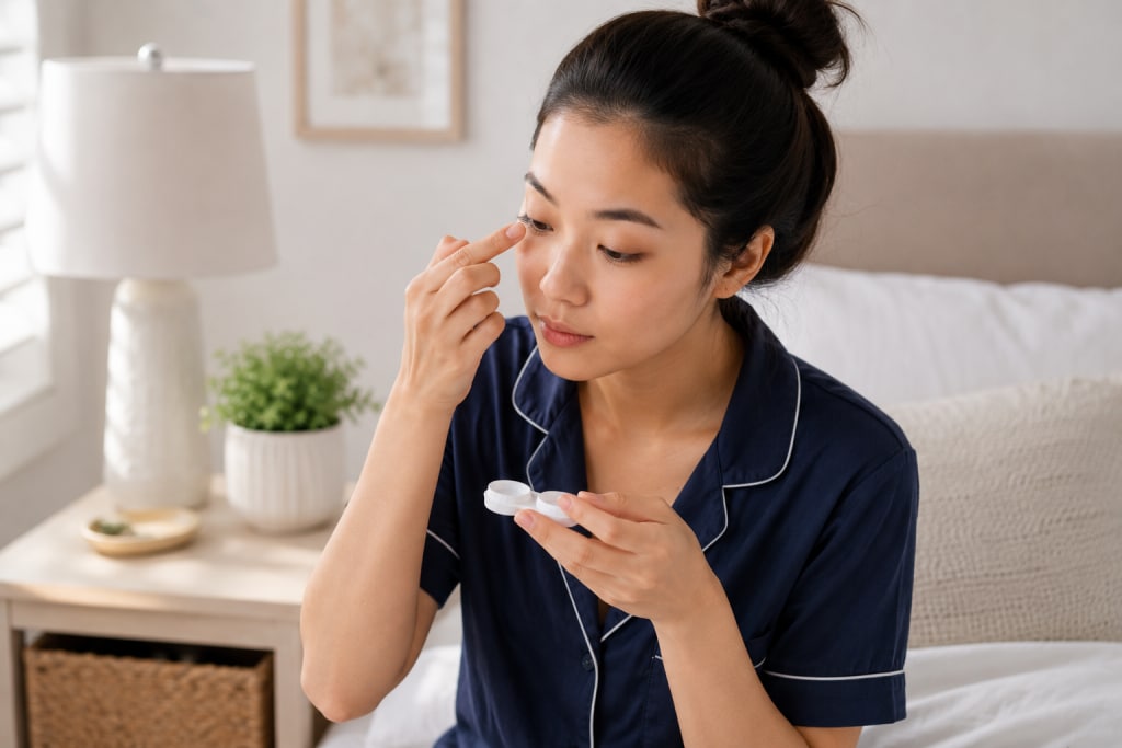 Woman in pajamas removing contact lenses while sitting on a bed in a softly lit bedroom beside a nightstand and lamp.