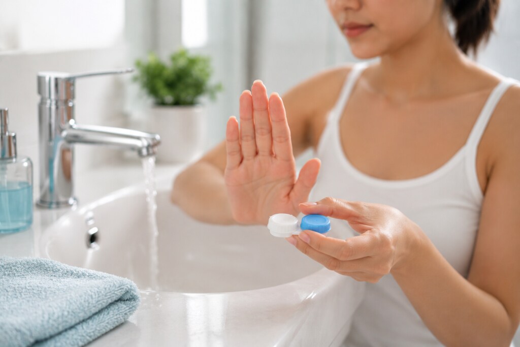 Woman holding a contact lens case and gesturing to keep lenses away from running water in a bright bathroom setting.