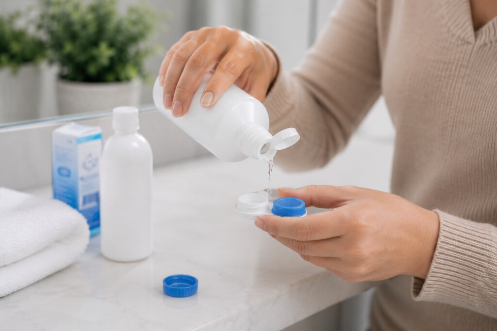 Person pouring fresh contact lens solution into a contact lens case on a clean bathroom counter beside towels and lens care products.