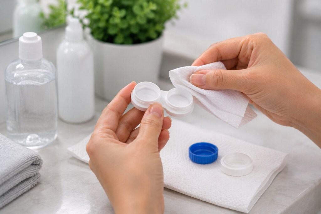 Hands cleaning and air-drying an open contact lens case on a bathroom counter beside contact lens solution and folded towels.