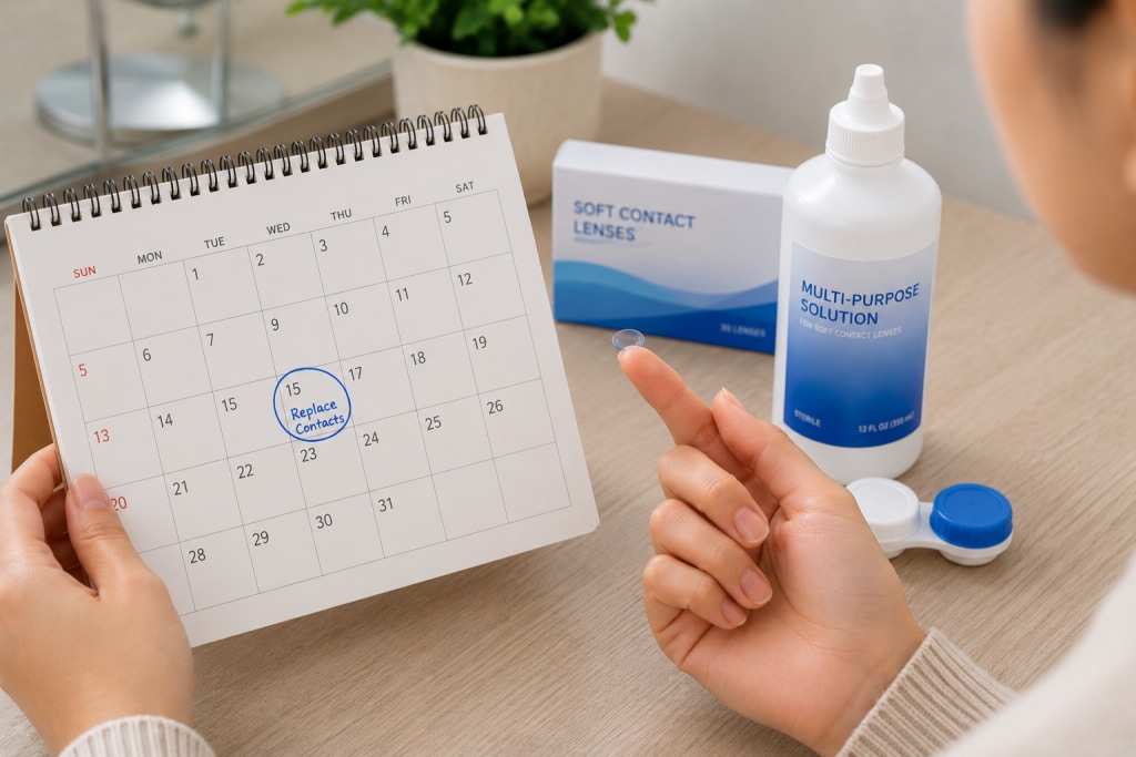 Person holding a contact lens beside a calendar marked with a replacement reminder, with contact lens solution and lens case on a desk.