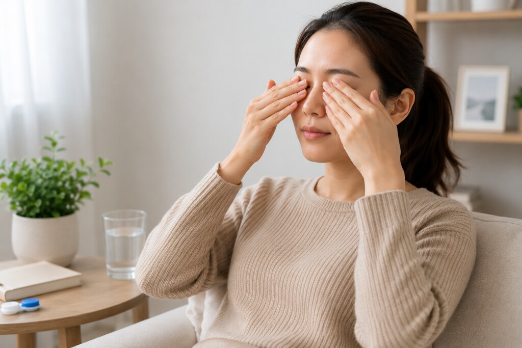 Woman resting her eyes with her hands while sitting in a calm indoor setting beside a glass of water and contact lens case.