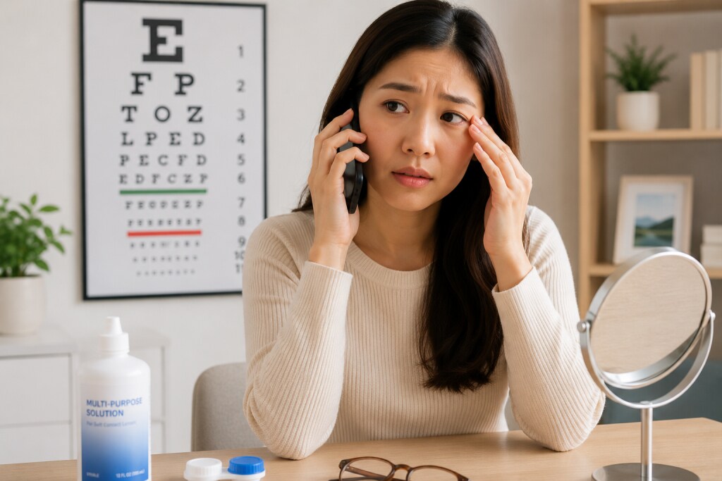 Woman holding a phone and touching her eye with concern while sitting at a desk with contact lens supplies and an eye chart in the background.