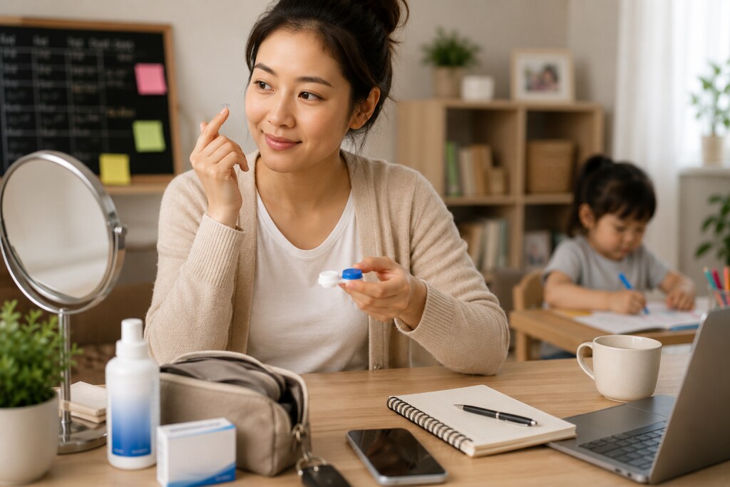 Busy mom holding a contact lens at a home desk with lens care supplies nearby while a child draws in the background.
