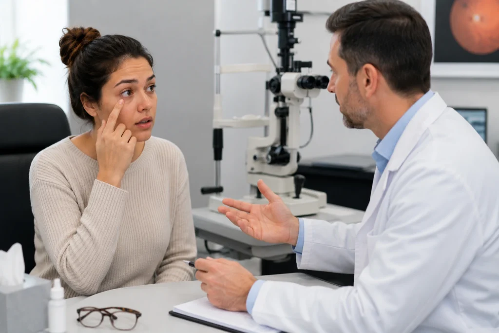 Eye doctor consulting a contact lens wearer about ongoing eye irritation and blurry vision in a clinic