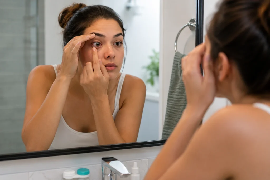 Contact lens wearer safely removing a contact lens in front of a bathroom mirror after eye irritation
