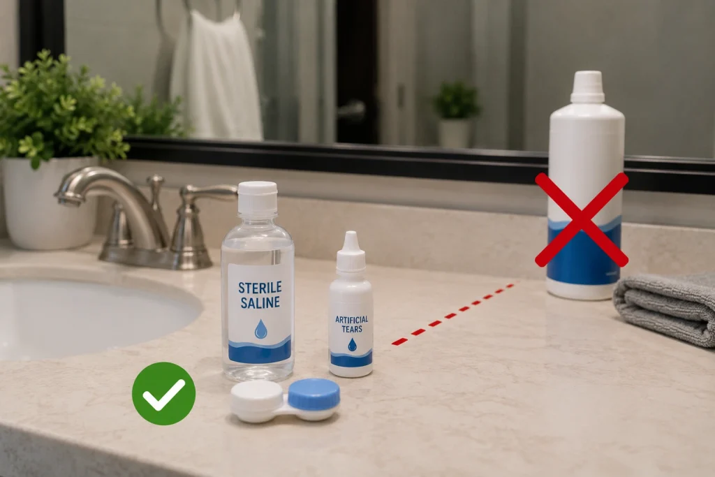 Sterile saline and artificial tears beside contact lens solution marked unsafe for rinsing irritated eyes