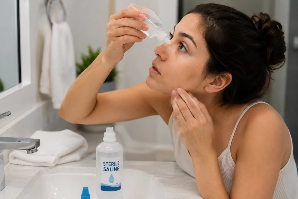 Person rinsing irritated eyes with sterile saline after contact lens solution exposure in a bathroom setting