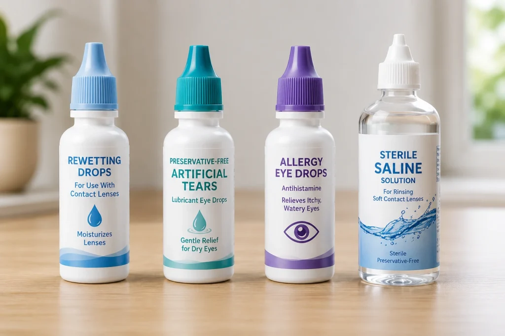 Contact lens eye drops and sterile saline bottles for dry, irritated, and allergy-prone eyes on a tabletop