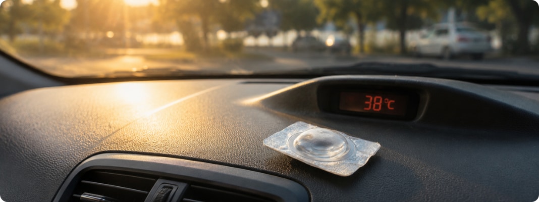 Temperature affects your contact lens when blister packs sit in a hot car at 38°C, showing why heat exposure can damage lenses.